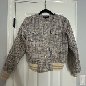 Central Park West Brown and Tan Bomber Jacket with Ribbed Details